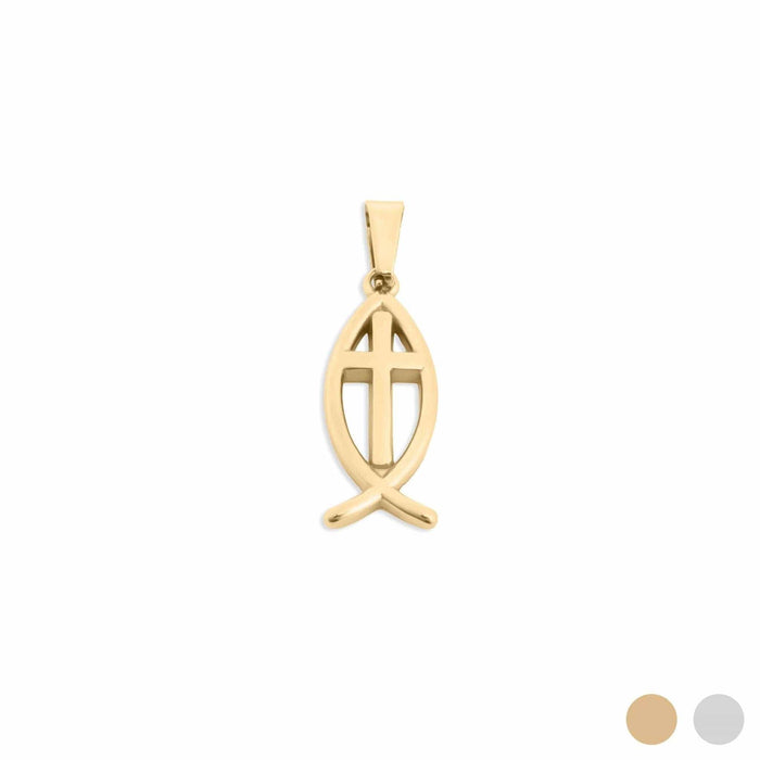 18K Gold PVD Stainless Steel Fish Charm with Cross Center: Gold WJW