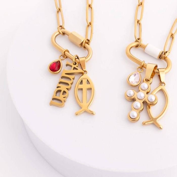 18K Gold PVD Stainless Steel Fish Charm with Cross Center: Gold WJW