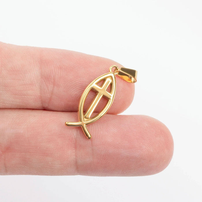 18K Gold PVD Stainless Steel Fish Charm with Cross Center: Gold WJW
