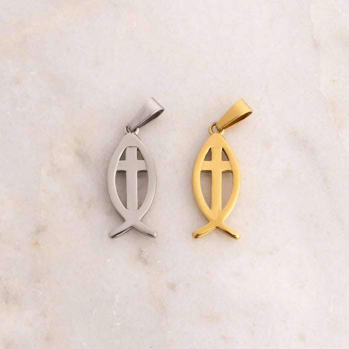 18K Gold PVD Stainless Steel Fish Charm with Cross Center: Gold WJW