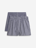 A two-pack of Percival cotton boxers, with one plain blue pair and one navy and white striped pair, on a white background.