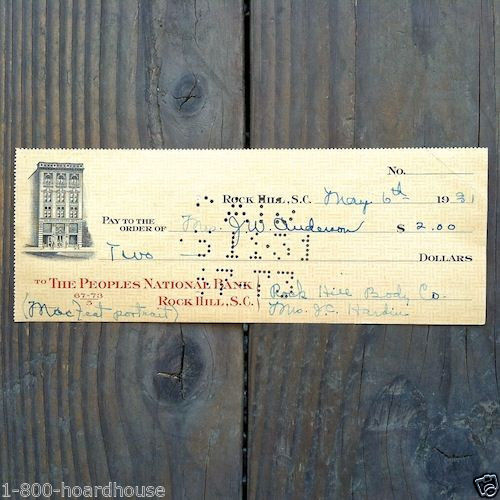 PEOPLES BANK Rock Hill Business Check 1930s
