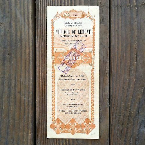 2 Vintage Original LEMONT VILLAGE ILLINOIS Bond 1920s Used Old Bank Note