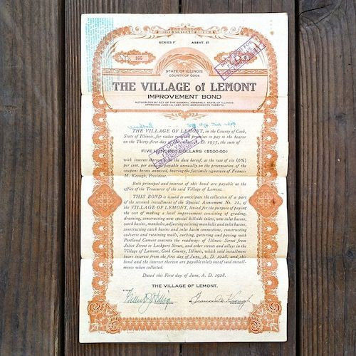 2 Vintage Original LEMONT VILLAGE ILLINOIS Bond 1920s Used Old Bank Note