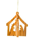 3D olive wood nativity ornament handcrafted in Bethlehem featuring the Holy Family in a stable.