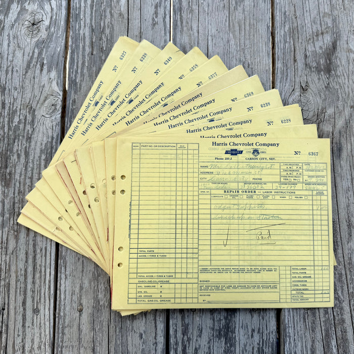 55 WHOLESALE 1940s Work Order Receipts HARRIS CHEVROLET CO Carson City NV LOT