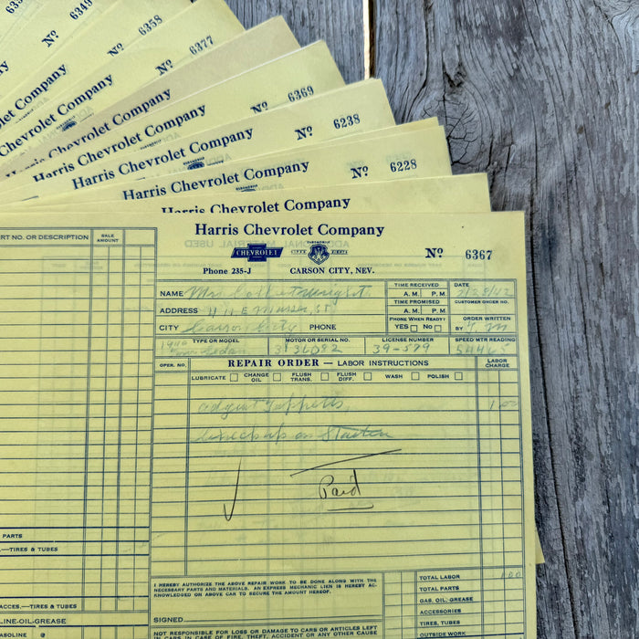 55 WHOLESALE 1940s Work Order Receipts HARRIS CHEVROLET CO Carson City NV LOT