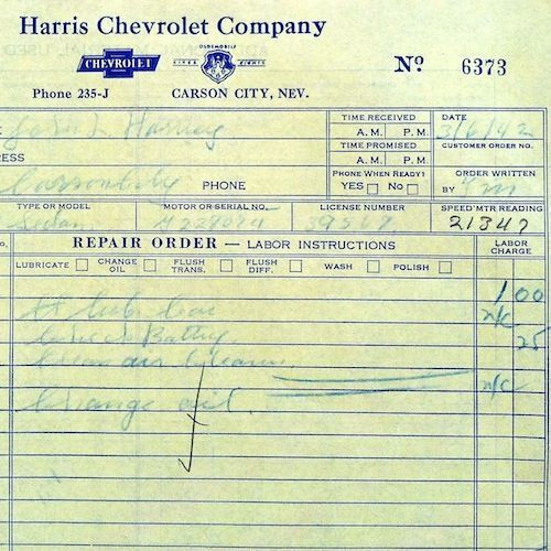 HARRIS CHEVROLET CO Work Orders 1940s