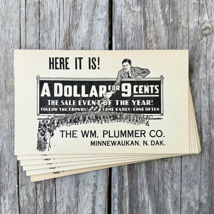6 Vtg 1920s A DOLLAR FOR 9 CENTS Sale Event WM Plummer COUPON Minnewaukan ND Lot