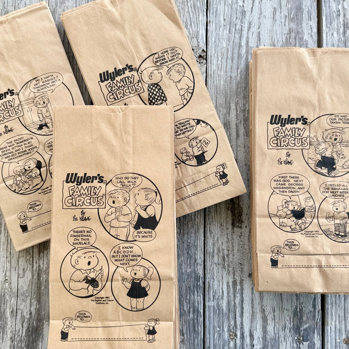 62 WHOLESALE 1983 Wyler's Family Circus Cartoon BROWN PAPER BAGS Bil Keane LOT