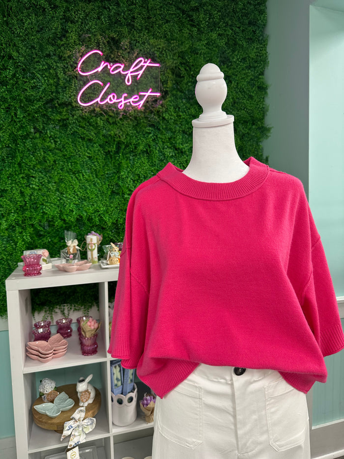 ENTRO Solid Raglan 3/4 Sleeve Sweater Top In Pink