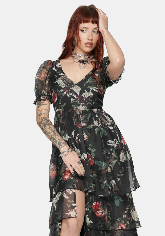 Anara Fruit Print Tiered Gown