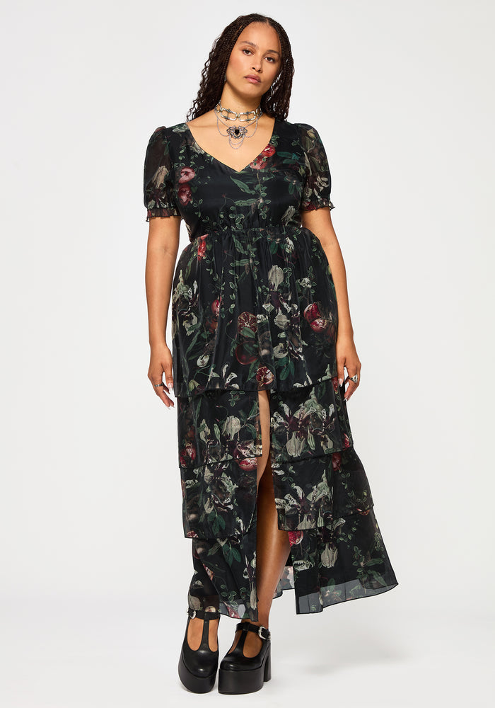 Anara Fruit Print Tiered Gown