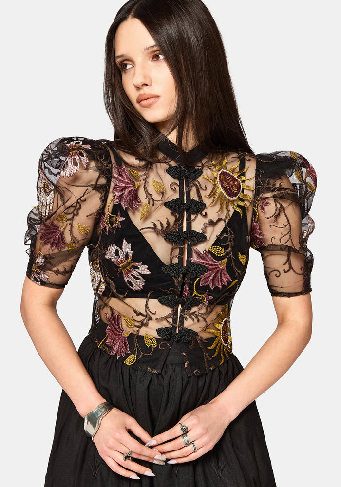 Angela Folk Embroidered Black Blouse