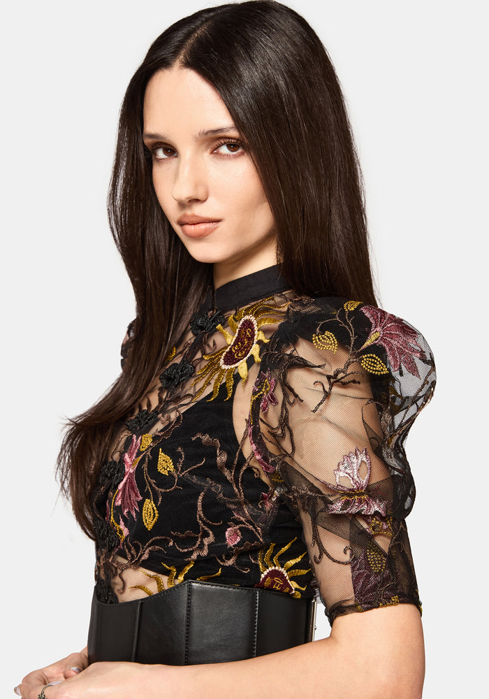 Angela Folk Embroidered Black Blouse