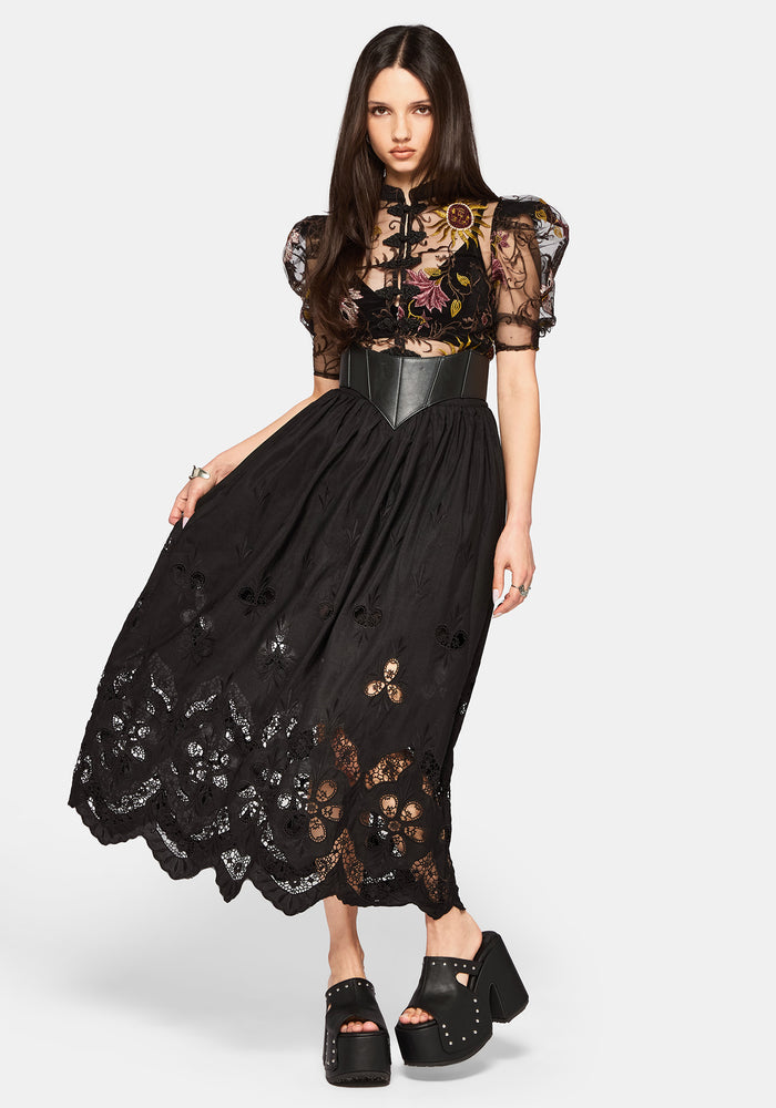 Angela Folk Embroidered Black Blouse