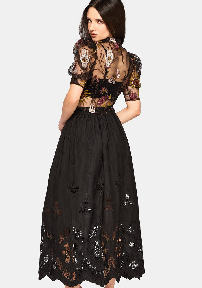 Angela Folk Embroidered Black Blouse
