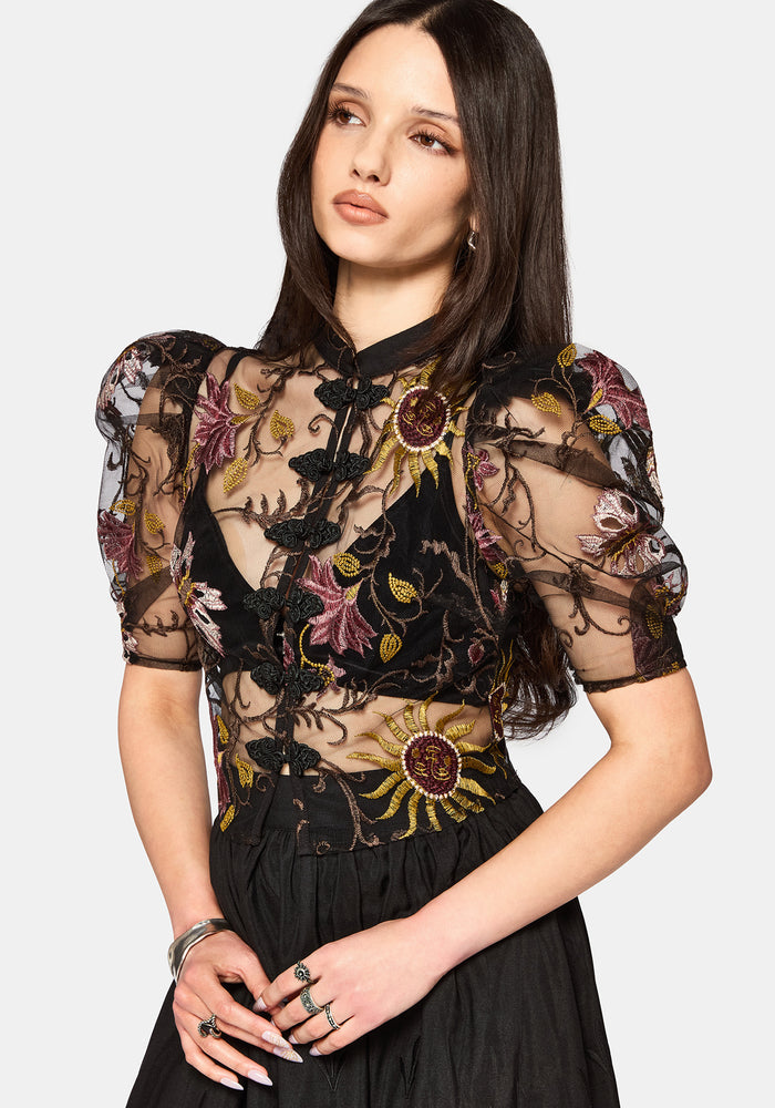 Angela Folk Embroidered Black Blouse
