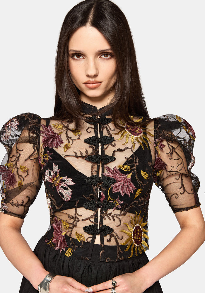 Angela Folk Embroidered Black Blouse
