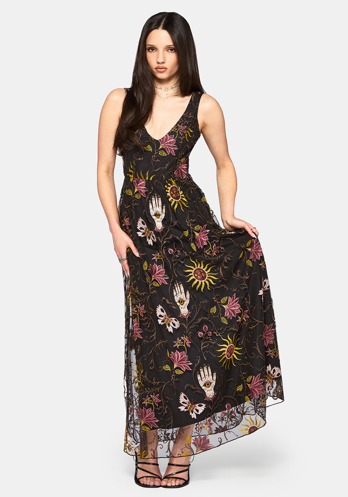 Angela Folk Embroidered Mesh Gown