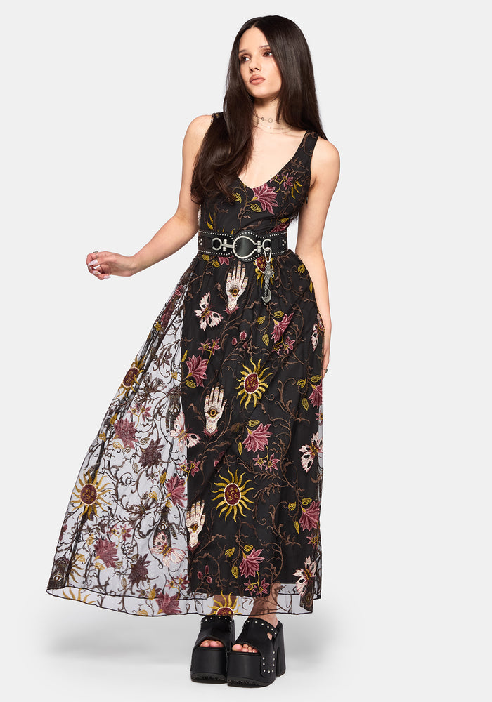 Angela Folk Embroidered Mesh Gown