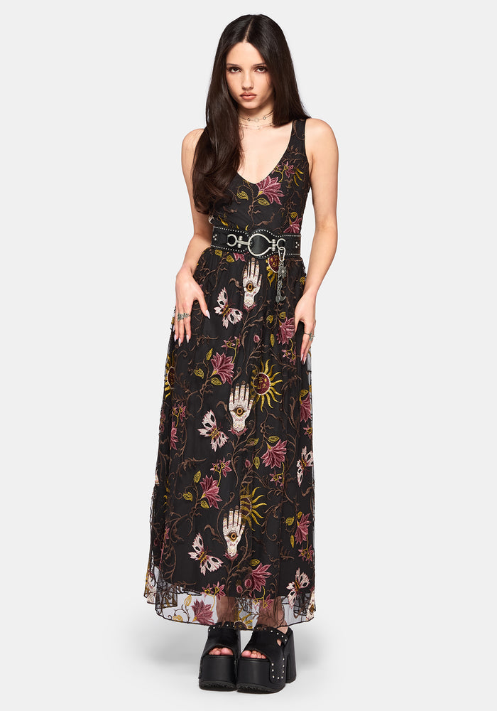 Angela Folk Embroidered Mesh Gown