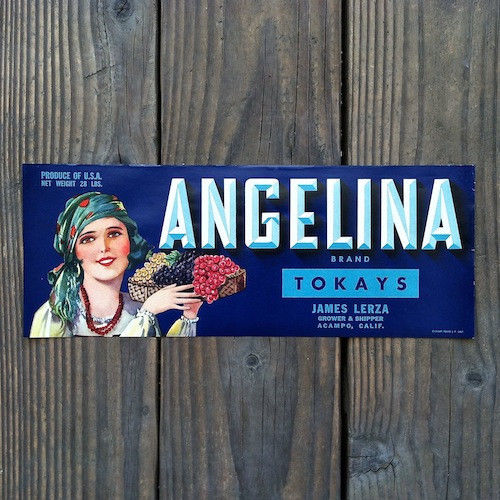 ANGELINA Fruit Crate Citrus Box Label BLUE 1940s