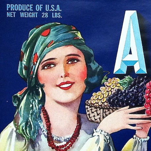 ANGELINA Fruit Crate Citrus Box Label BLUE 1940s