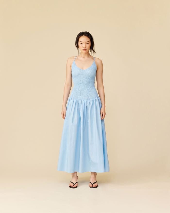 APPLE SHIRRED DRESS AIRY BLUE