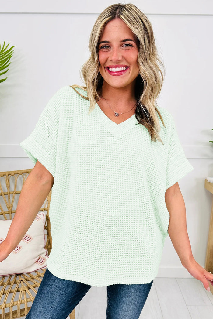 Aqua Breeze Waffle Knit V-Neck Top
