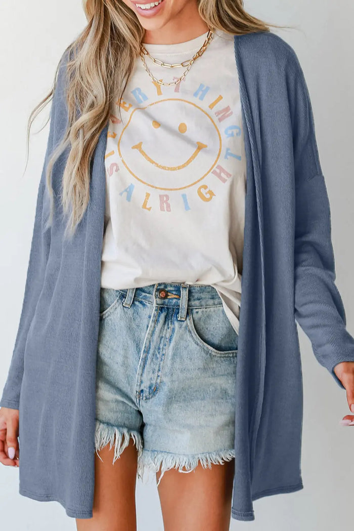 Ashleigh Blue Solid Color Rib Knit Open Front Tunic Cardigan - ASHLEIGH BLUE / S / 93% VISCOSE + 7% ELASTANE - Sweaters