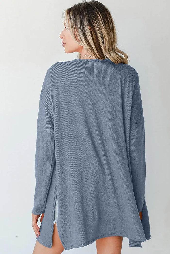 Ashleigh Blue Solid Color Rib Knit Open Front Tunic Cardigan - Sweaters & Cardigans/Cardigans
