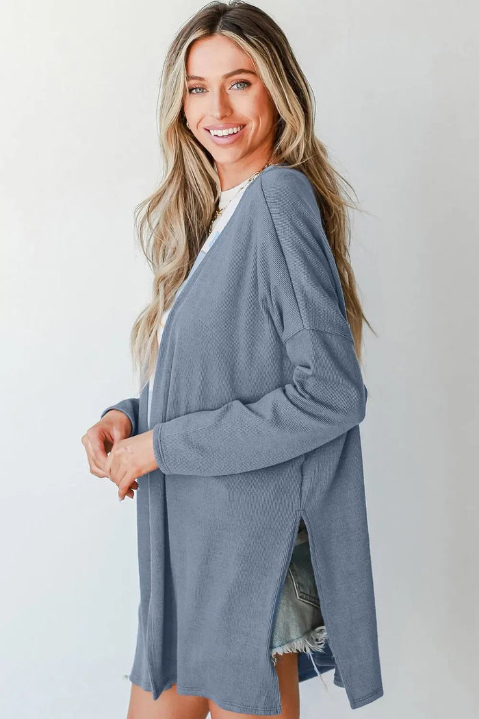 Ashleigh Blue Solid Color Rib Knit Open Front Tunic Cardigan - Sweaters & Cardigans/Cardigans