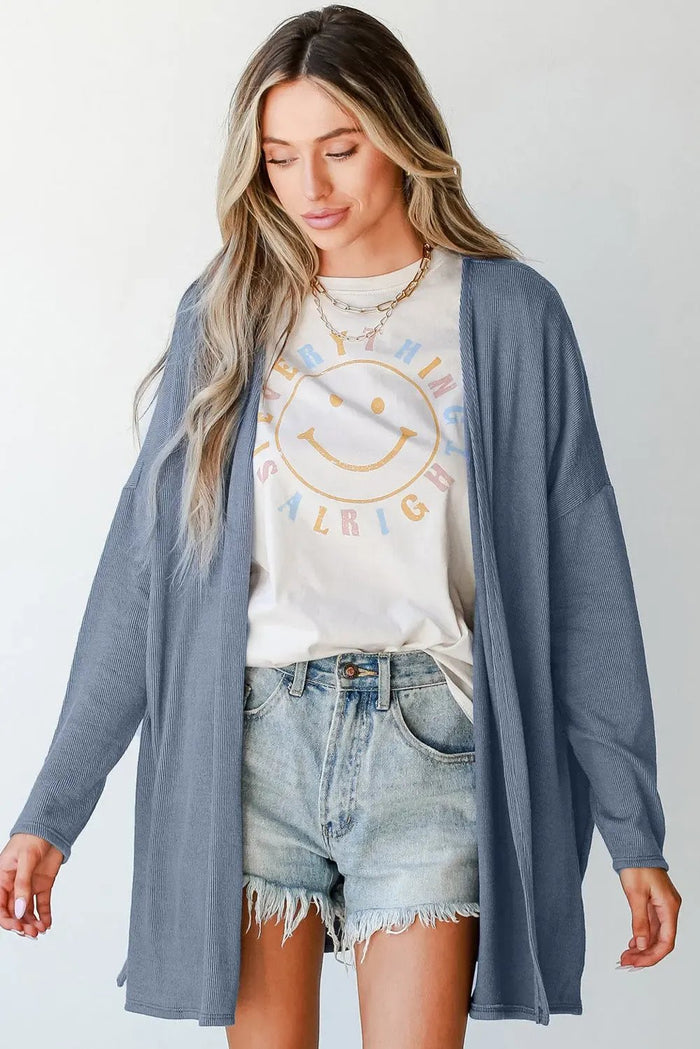 Ashleigh Blue Solid Color Rib Knit Open Front Tunic Cardigan - Sweaters & Cardigans/Cardigans