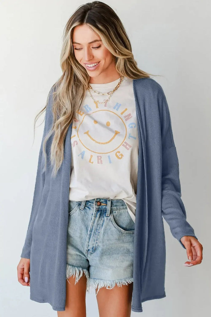 Ashleigh Blue Solid Color Rib Knit Open Front Tunic Cardigan - Sweaters & Cardigans/Cardigans