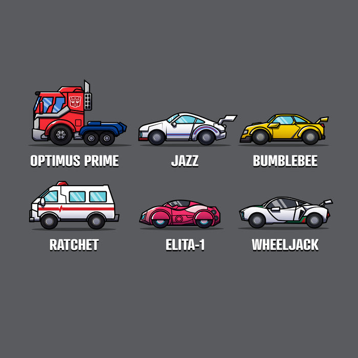 Premium Cotton T-shirt_TeeTurtle charcoal Autobots Vehicle Grid Premium Cotton T-shirt featuring the vehicle personas of Optimus Prime, Jazz, Bumblebee, Ratchet, Elita-1, and Wheeljack in a grid