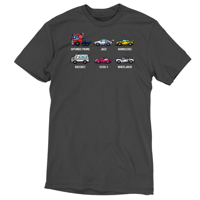 Premium Cotton T-shirt_TeeTurtle charcoal Autobots Vehicle Grid Premium Cotton T-shirt featuring the vehicle personas of Optimus Prime, Jazz, Bumblebee, Ratchet, Elita-1, and Wheeljack in a grid