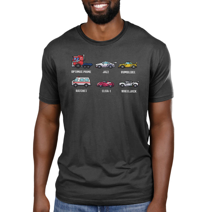 Premium Cotton T-shirt_TeeTurtle charcoal Autobots Vehicle Grid Premium Cotton T-shirt featuring the vehicle personas of Optimus Prime, Jazz, Bumblebee, Ratchet, Elita-1, and Wheeljack in a grid