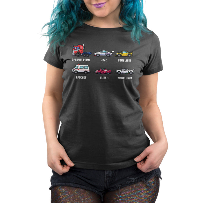 Premium Cotton T-shirt_TeeTurtle charcoal Autobots Vehicle Grid Premium Cotton T-shirt featuring the vehicle personas of Optimus Prime, Jazz, Bumblebee, Ratchet, Elita-1, and Wheeljack in a grid