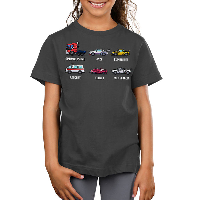 Premium Cotton T-shirt_TeeTurtle charcoal Autobots Vehicle Grid Premium Cotton T-shirt featuring the vehicle personas of Optimus Prime, Jazz, Bumblebee, Ratchet, Elita-1, and Wheeljack in a grid