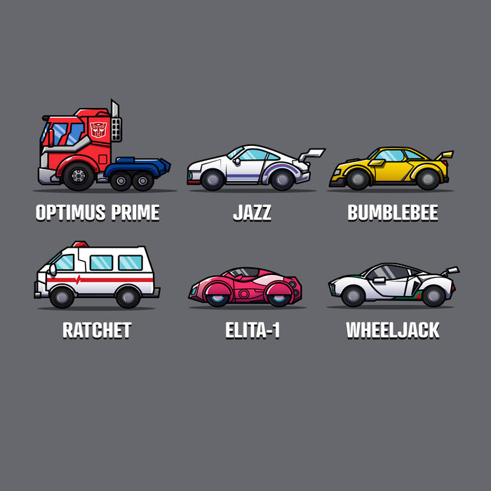 Classic Cotton T-shirt_TeeTurtle charcoal Autobots Vehicle Grid Classic Cotton T-shirt featuring the vehicle personas of Optimus Prime, Jazz, Bumblebee, Ratchet, Elita-1, and Wheeljack in a grid