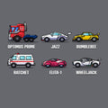 Classic Cotton T-shirt_TeeTurtle charcoal Autobots Vehicle Grid Classic Cotton T-shirt featuring the vehicle personas of Optimus Prime, Jazz, Bumblebee, Ratchet, Elita-1, and Wheeljack in a grid