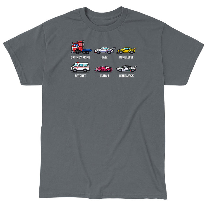 Classic Cotton T-shirt_TeeTurtle charcoal Autobots Vehicle Grid Classic Cotton T-shirt featuring the vehicle personas of Optimus Prime, Jazz, Bumblebee, Ratchet, Elita-1, and Wheeljack in a grid