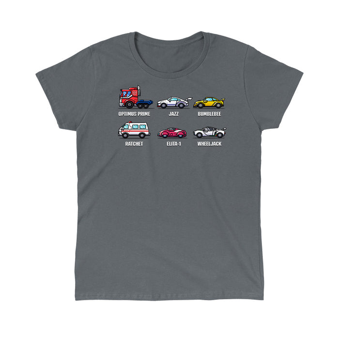 Classic Cotton T-shirt_TeeTurtle charcoal Autobots Vehicle Grid Classic Cotton T-shirt featuring the vehicle personas of Optimus Prime, Jazz, Bumblebee, Ratchet, Elita-1, and Wheeljack in a grid
