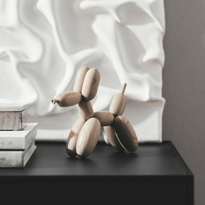 Small Balloon d'Og white oak figurine, standing balloon-dog with five oval wood segments