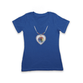 Beaded Heart Medallion - Ladies V-neck blue T-shirt with beaded heart graphic design.
