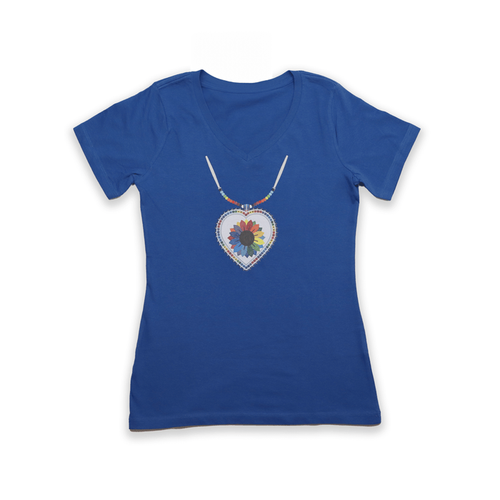 Beaded Heart Medallion - Ladies V-neck blue T-shirt with beaded heart graphic design.