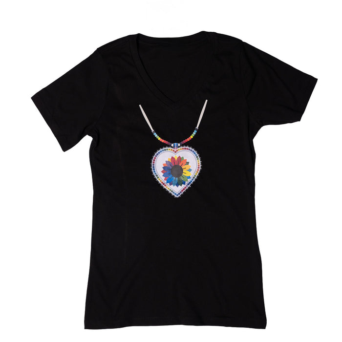 Beaded Heart Medallion - Ladies V-neck Black T-shirt with colorful heart graphic.