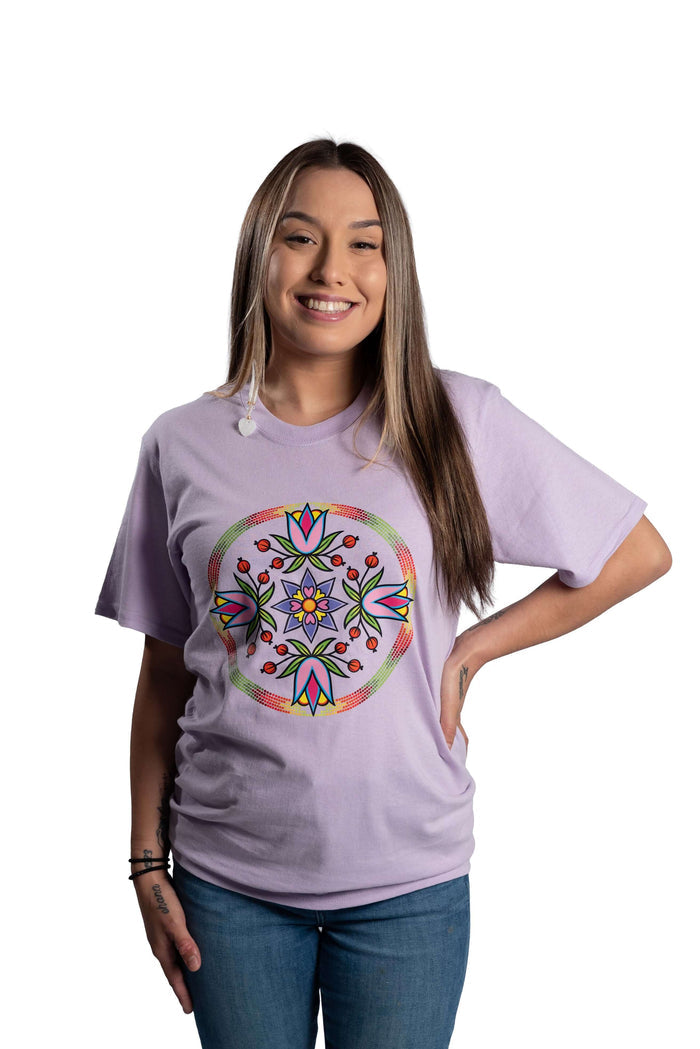Woman wearing a purple Beaded Petal Wheel t-shirt with colourful mandala design front view