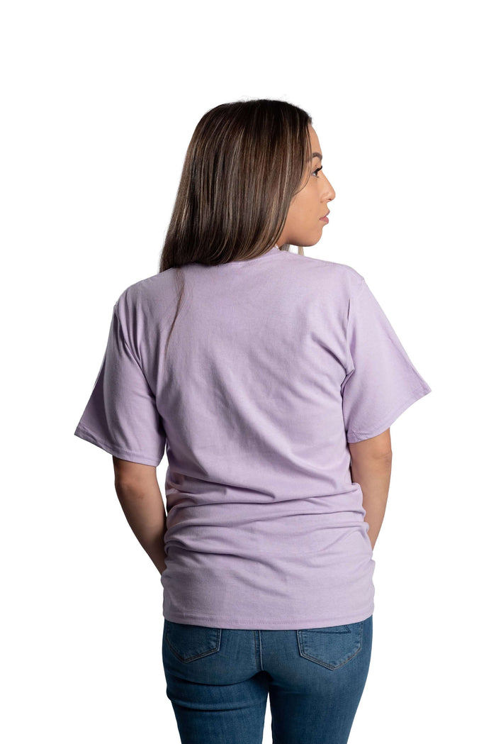 Woman wearing a light purple Beaded Petal Wheel t-shirt back view
